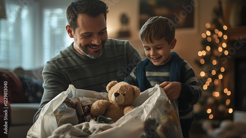Father and Son Packing Donation Bag Among Holiday Decorations