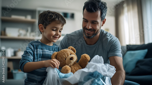 Father and Son Bonding Over Donating a Teddy Bear in a Cozy Home