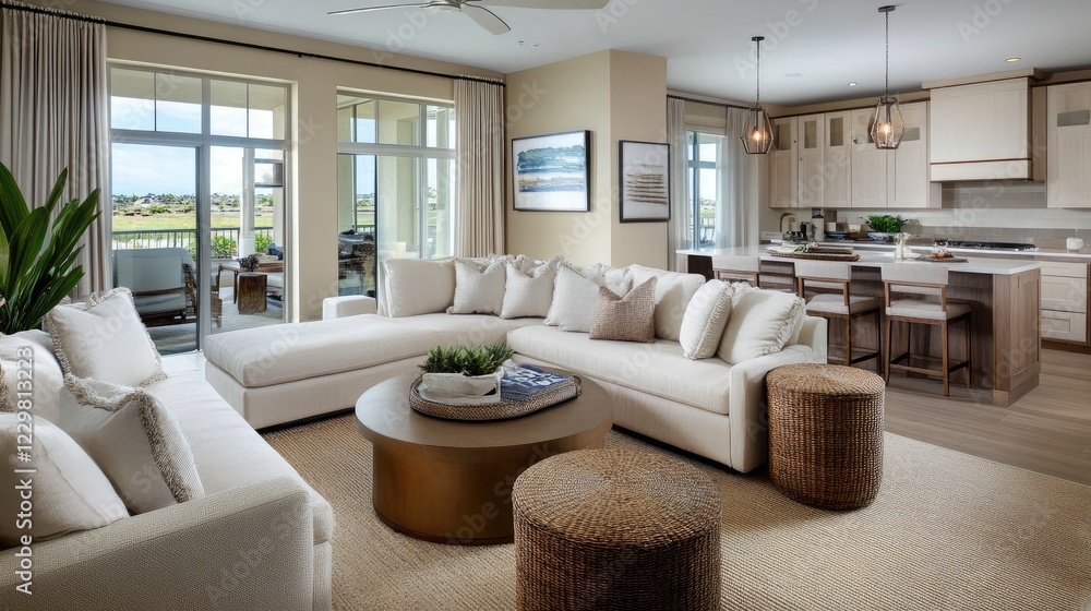 A stylish open-plan apartment with beige furniture and high-end finishes. A stylish open-plan apartment with beige furniture and high-end finishes.