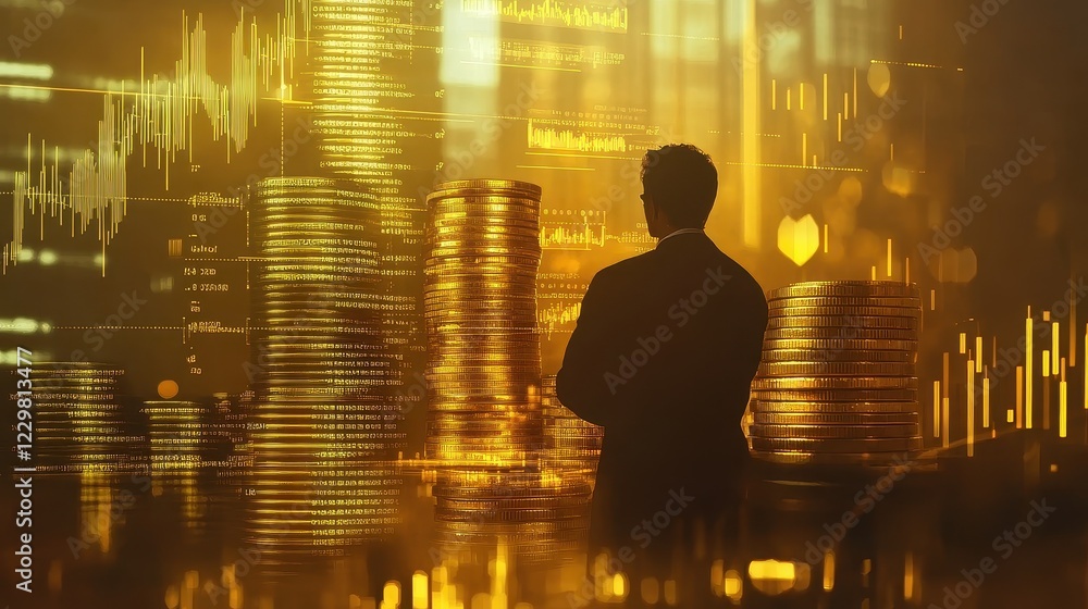 Stacked golden coins with stock market chart overlay (close up, focus on, copy space) rich golden tones for wealth concept, double exposure silhouette with investor in trading room. Stacked golden coins with stock market chart overlay (close up, focus on, copy space) rich golden tones for wealth concept, double exposure silhouette with investor in trading room.