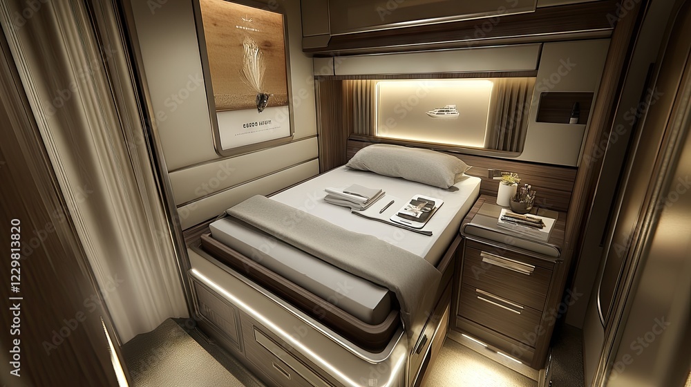 Fototapeta premium A tiny home interior with a foldable bed, hidden drawers, and multi-use surfaces.