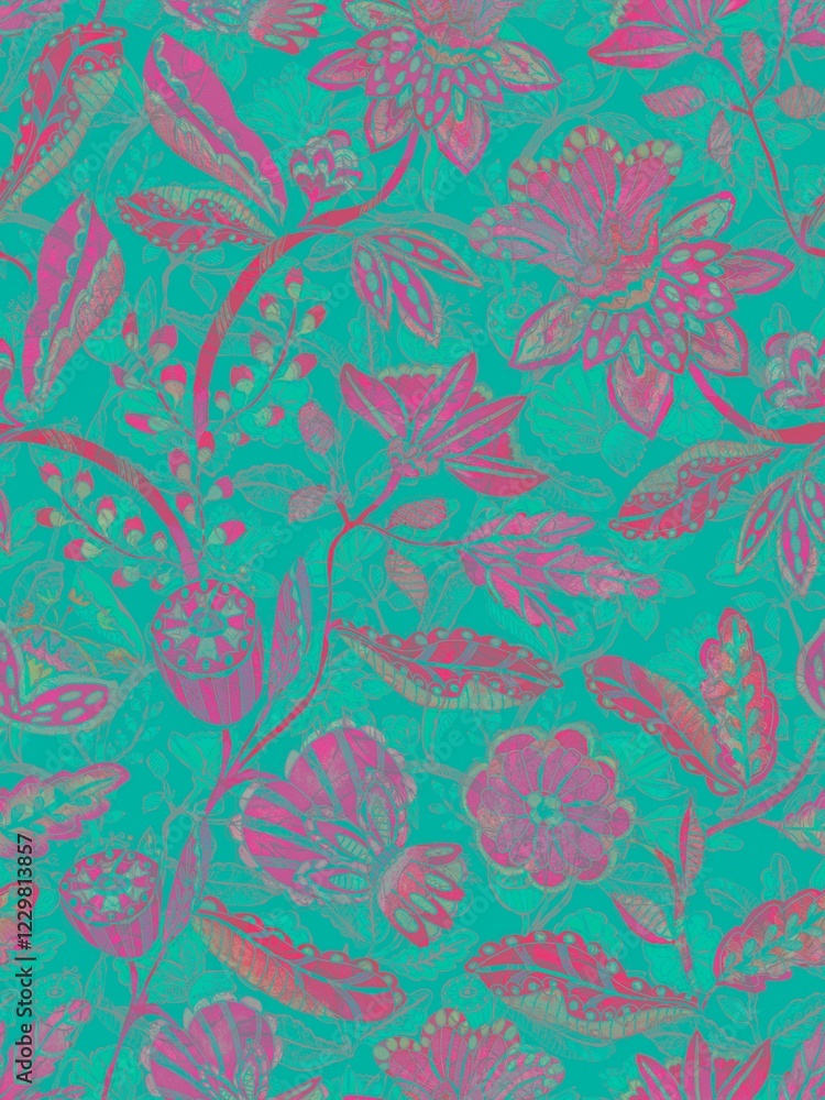 This seamless pattern features vibrant, hand-drawn flowers and leaves in yellow, pink, and green hues on a soft blue background, creating a lively, whimsical design. This seamless pattern features vibrant, hand-drawn flowers and leaves in yellow, pink, and green hues on a soft blue background, creating a lively, whimsical design.