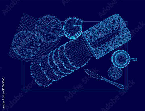 Blue image of a table with a variety of food items including bread, jam, and a knife