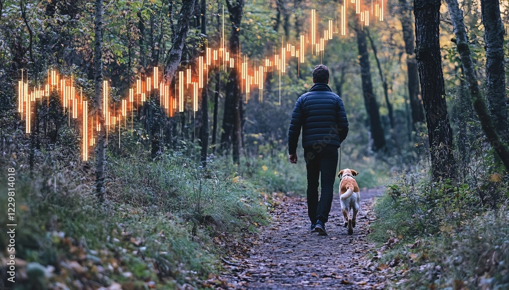 Fototapeta premium A serene scene of a man walking his dog along a forest path, embracing nature and companionship as he journeys through life as a Trader Nomad.