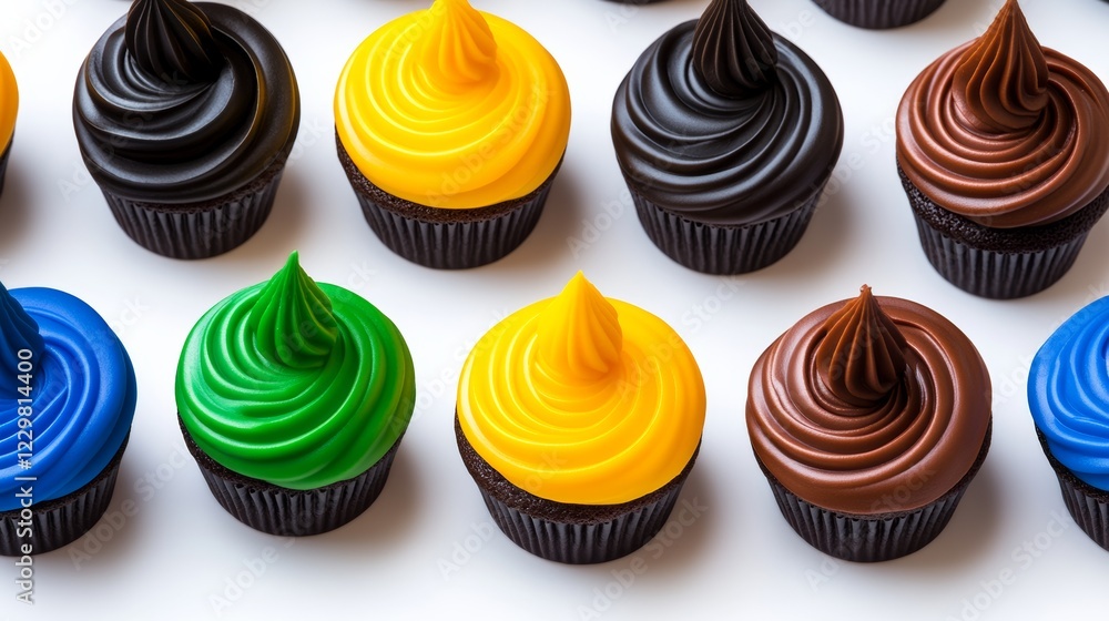 Obraz premium Row of cupcakes with different colored frosting. The cupcakes are arranged in a line, with some being green, yellow, brown, and blue. The frosting on the cupcakes is thick and creamy