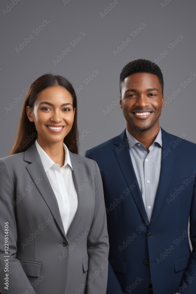 smiling black man and woman in business attire standing next to each other smiling black man and woman in business attire standing next to each other