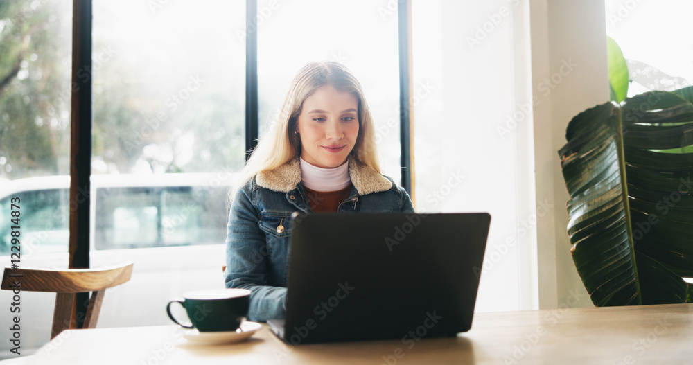 Woman, laptop and remote work at cafe with smile, drink or cappuccino with freelance copywriting job. Person, computer and reading with tea cup for review, project or editing process at coffee shop Woman, laptop and remote work at cafe with smile, drink or cappuccino with freelance copywriting job. Person, computer and reading with tea cup for review, project or editing process at coffee shop