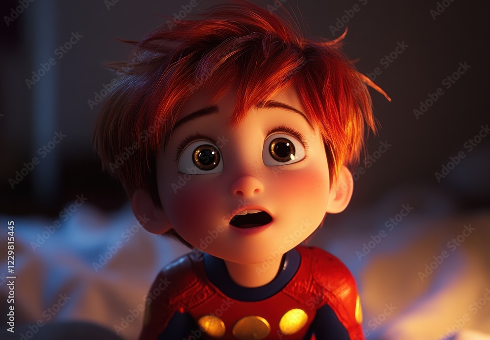 Curious young child with bright red hair wearing a colorful outfit, gazing with wide eyes in a cozy, softly lit environment at night Curious young child with bright red hair wearing a colorful outfit, gazing with wide eyes in a cozy, softly lit environment at night