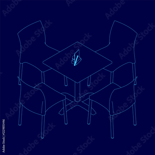 Blue drawing of a table with four chairs around it. The chairs are all lined up and the table is in the middle