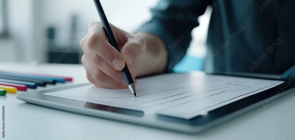 Writing on a tablet with colorful pens nearby. Writing on a tablet with colorful pens nearby.