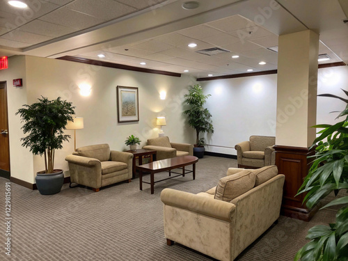 A welcoming reception area featuring comfortable seating, a wooden reception desk, and ample natural light, creating a professional and calming environment