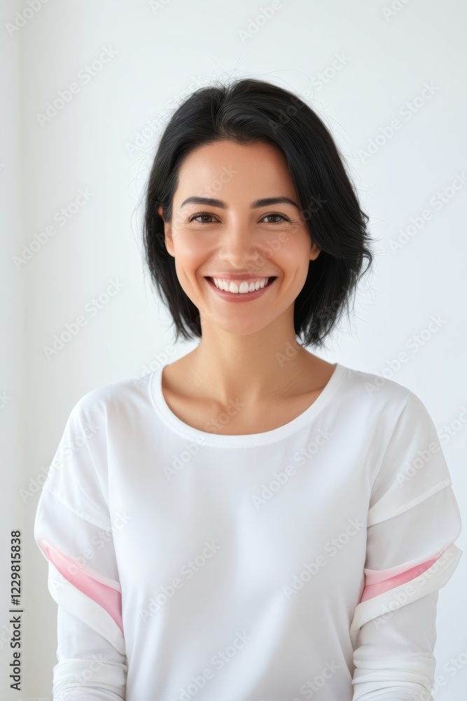smiling woman in white shirt with pink trims and white shirt smiling woman in white shirt with pink trims and white shirt