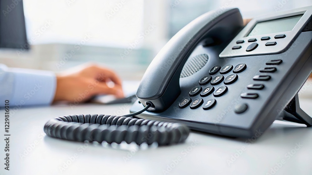 Close-up of a Black Telephone on a Desk with a Person Working in the Background Close-up of a Black Telephone on a Desk with a Person Working in the Background