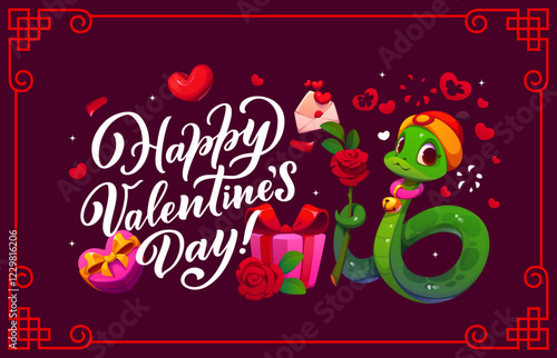 Happy valentines day greetings card featuring cute smiling green snake holding a rose, surrounded by hearts, gifts, and an envelope displayed on a dark purple background with decorative red borders