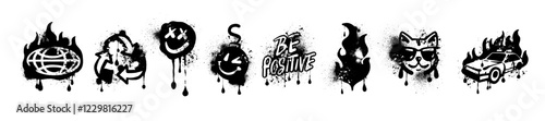 Graffiti print hand drawn set, urban vector street art, black dripped spray effect texture design. Y2k streetwear modern sign, dirty droplet liquid blot texture ink splatter. Fire flame graffiti print