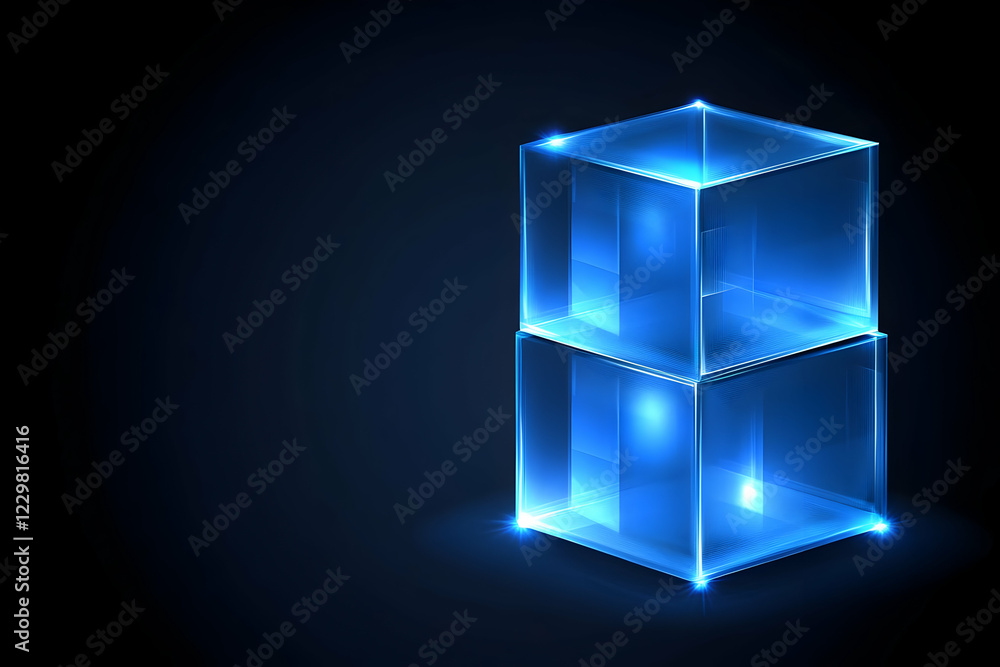 Glowing blue cubes, dark background, technology concept Glowing blue cubes, dark background, technology concept