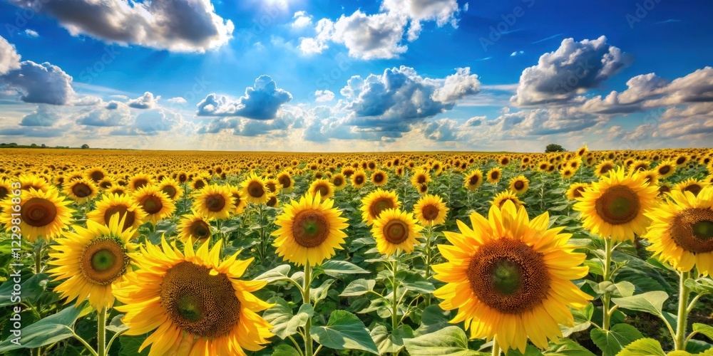 Fototapeta premium Vast sunflowers stretching towards the clear blue sky with a few wispy clouds scattered across their bright yellow petals, field of gold, sunflower sea