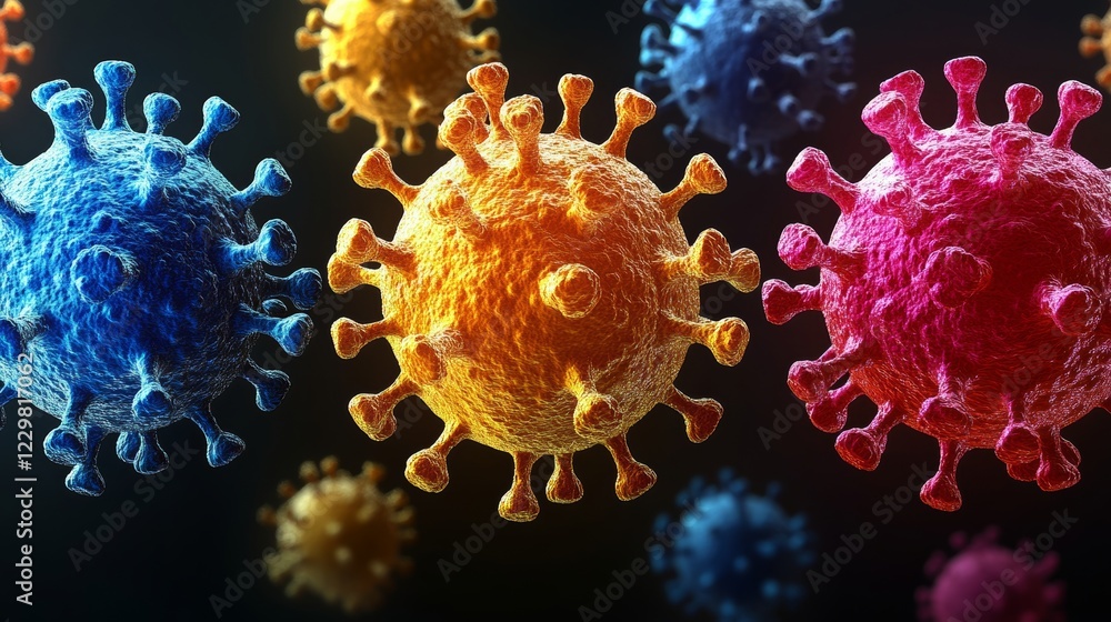 Group of colorful viruses are floating in the air. The viruses are in different colors, including blue, red, and yellow. Concept of chaos and danger Group of colorful viruses are floating in the air. The viruses are in different colors, including blue, red, and yellow. Concept of chaos and danger