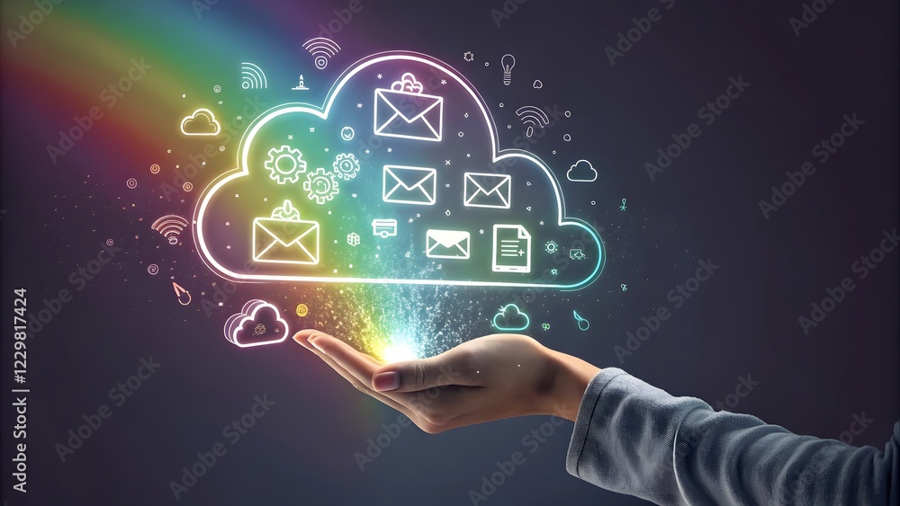 Hand Gesture Displaying Digital Cloud Concept with Colorful Icons Hand Gesture Displaying Digital Cloud Concept with Colorful Icons