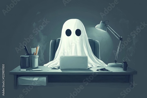 a ghost working on a laptop at their desk with a lamp beside them.  The ghost is wearing a white sheet and has two black eyes. It appears to be working late at night 