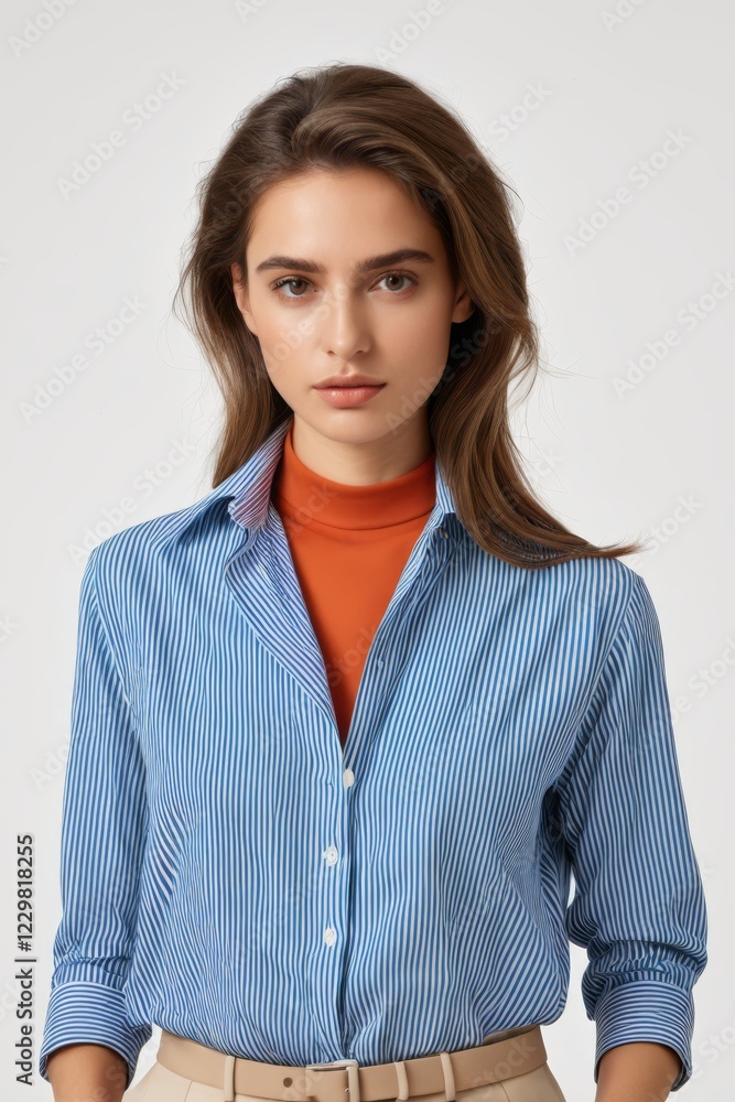 Obraz premium arafed woman in a blue shirt and tan pants posing for a picture