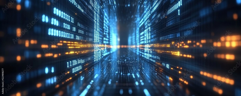 Fototapeta premium an abstract digital tunnel with glowing blue and orange binary code. The tunnel stretches into the distance, creating a sense of mystery and possibility