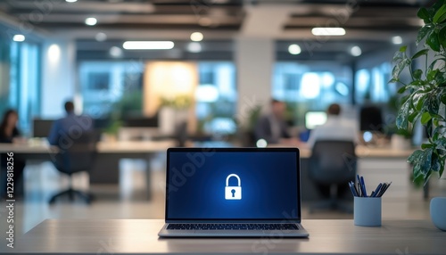 Modern Office Workspace with Laptop Showing Security Lock Icon
