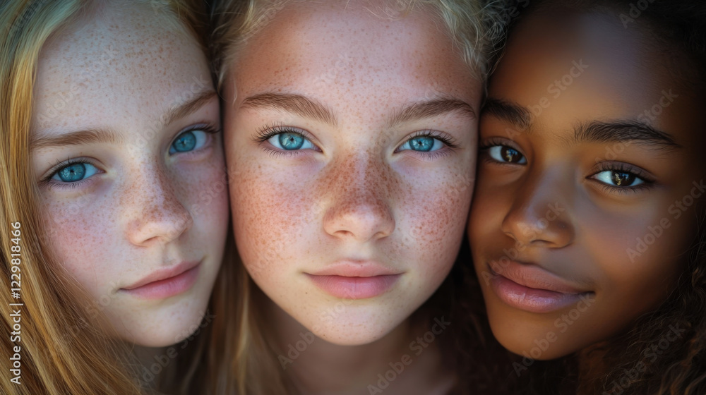 Three girls share a moment of friendship with bright smiles and sparkling blue eyes in a sunlit environment Three girls share a moment of friendship with bright smiles and sparkling blue eyes in a sunlit environment