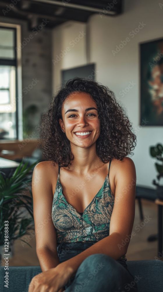 Smiling woman with curly hair poses in a stylish cafe during the day with indoor plants and artwork Smiling woman with curly hair poses in a stylish cafe during the day with indoor plants and artwork