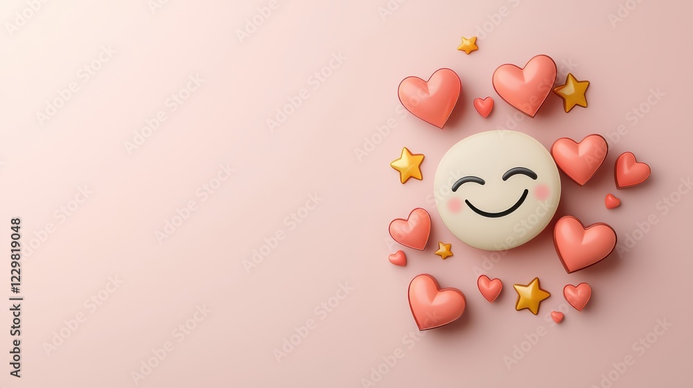 Naklejka premium Cheerful Smile Emoji Surrounded by Hearts and Stars on Soft Pink Background
