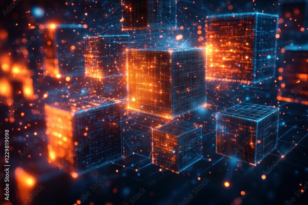 Obraz premium Glowing digital cubes connect in vibrant network