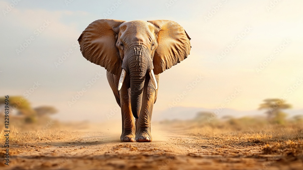 Fototapeta premium Majestic elephant walking on a dusty path during golden hour in the african savanna