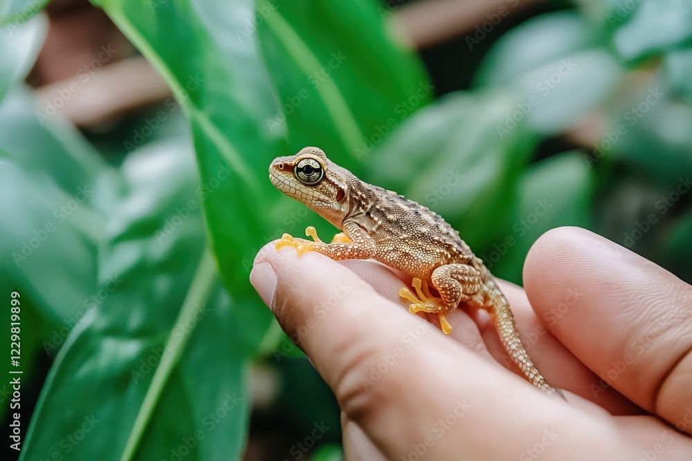 Small gecko resting on a human hand with green foliage in the background nature scene Small gecko resting on a human hand with green foliage in the background nature scene