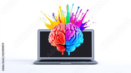 Laptop screen shows a colorful brain with a rainbow of colors. Concept of creativity and intelligence, as well as the importance of using technology to enhance our understanding of the brain photo