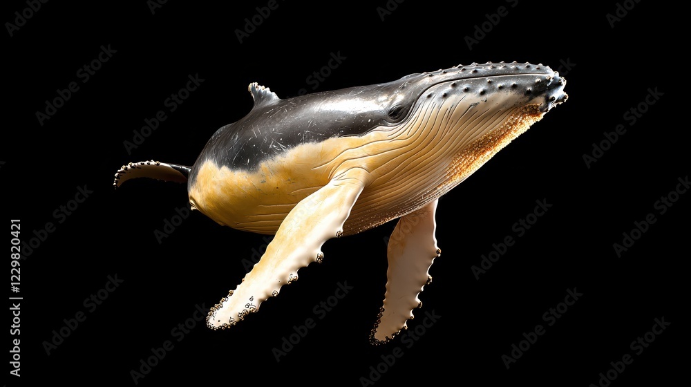 Fototapeta premium Humpback whale isolated on black background showing details of skin and flippers in studio light