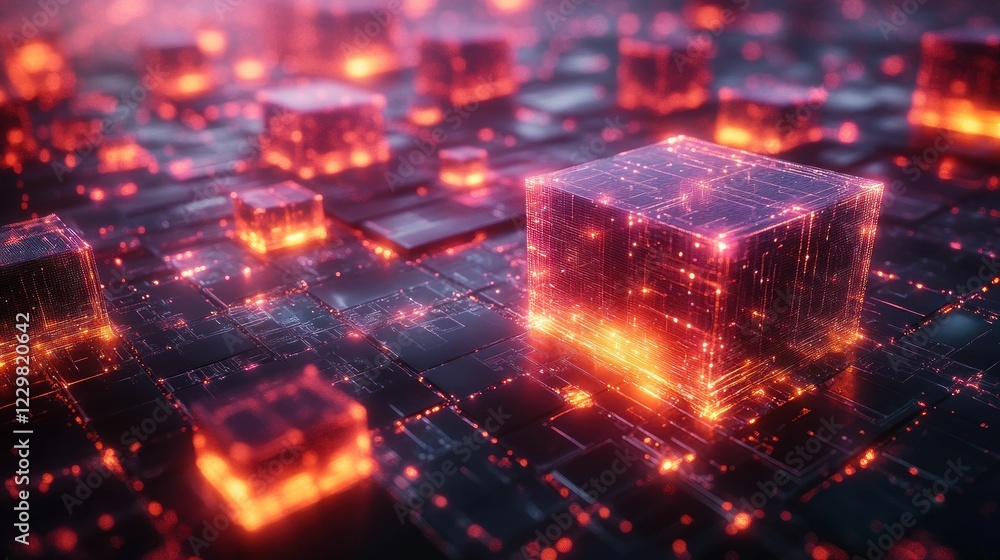 Glowing data cubes illuminate digital circuit board Glowing data cubes illuminate digital circuit board