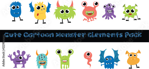 Cute Cartoon Monster Elements Pack Adorable, colorful cartoon monsters in different styles.