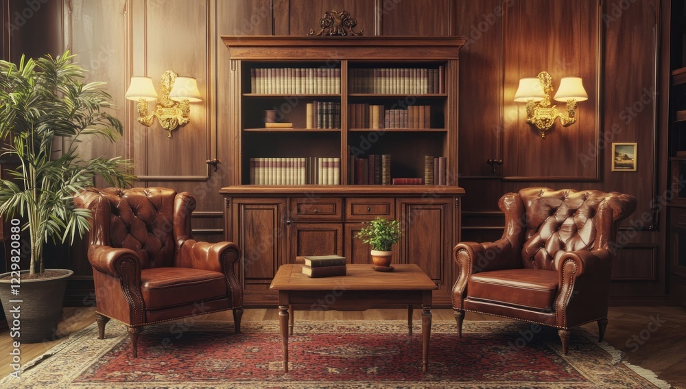 Elegant Study Room: Classic Library Interior with Leather Armchairs Elegant Study Room: Classic Library Interior with Leather Armchairs