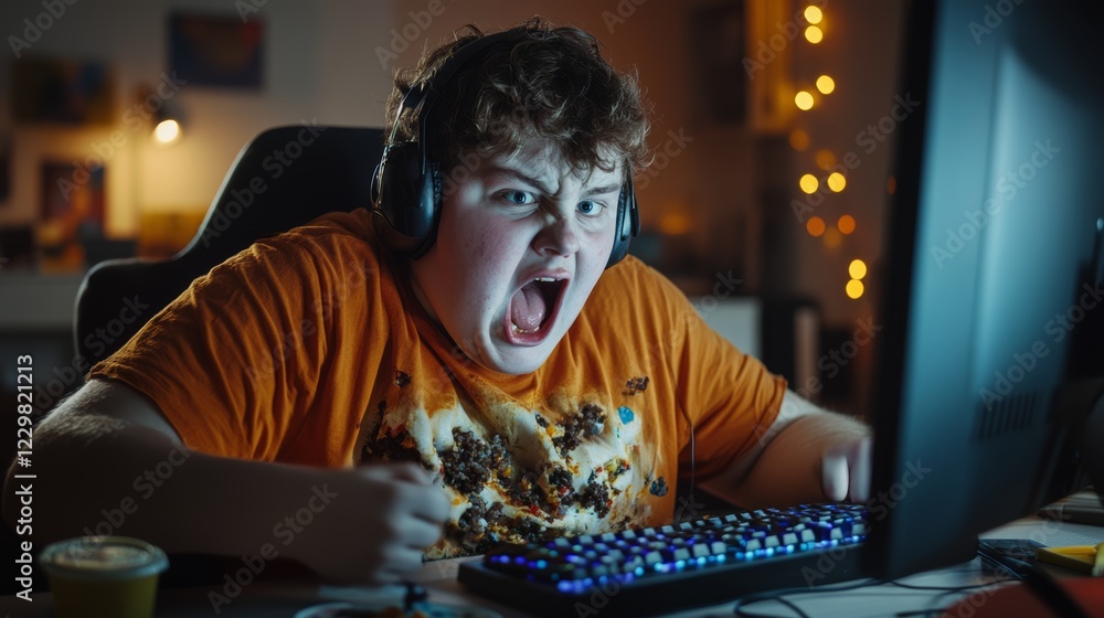 Young boy is playing a video game and yelling in excitement. He is wearing an orange shirt and has headphones on Young boy is playing a video game and yelling in excitement. He is wearing an orange shirt and has headphones on