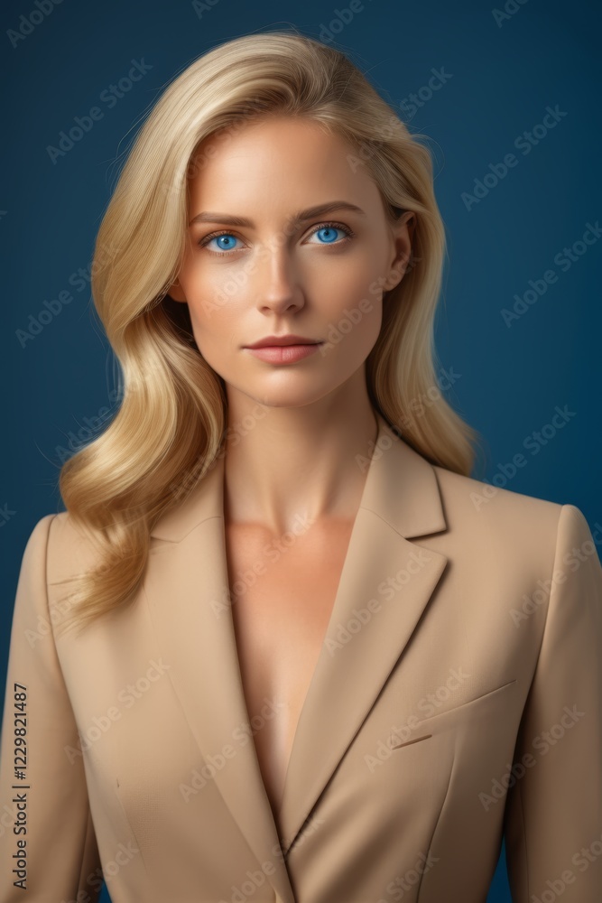 blond woman in a tan suit posing for a picture blond woman in a tan suit posing for a picture