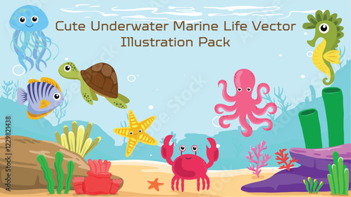 Cute Underwater Marine Life Vector Illustration Pack Whimsical underwater creatures, including fish, octopuses, and more.