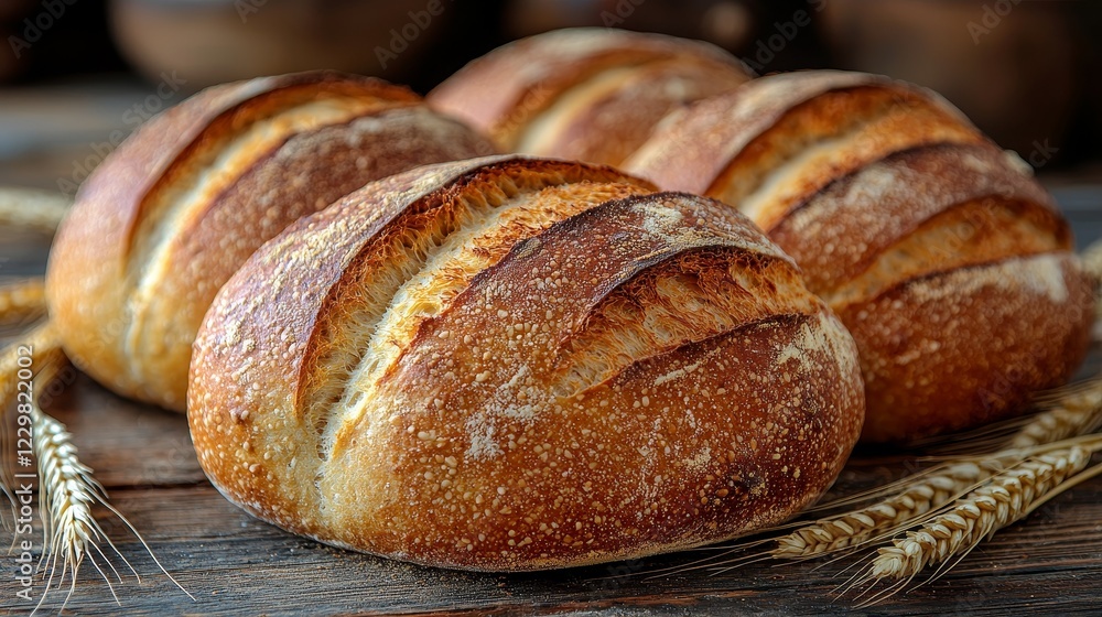 Freshly baked artisanal bread loaves on a rustic wooden surface with wheat stalks in the background Freshly baked artisanal bread loaves on a rustic wooden surface with wheat stalks in the background