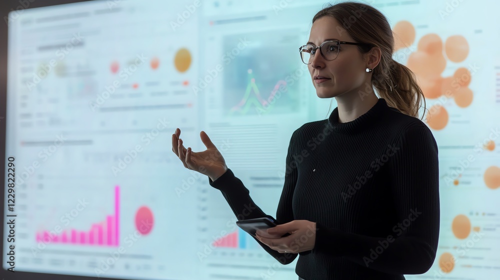 Professional woman presenting data insights. Professional woman presenting data insights.