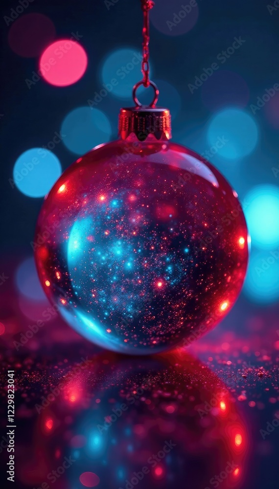 Fototapeta premium Colored lights reflected in glass ball ornament, ornament, glass