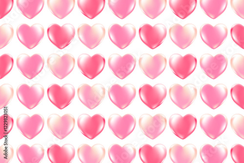 Cute 3D light pink heart pattern, glowing glass or plastic texture love heart, fluid light pink gradient background. Nude pink shiny romantic wallpaper, elegant valentines day banner.