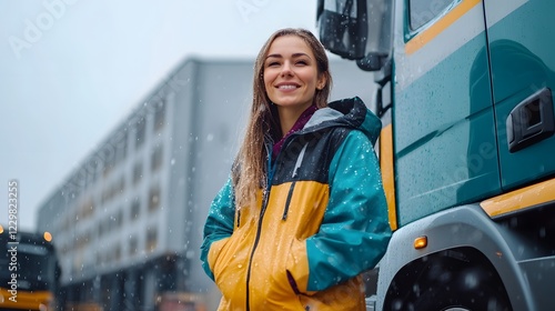 Confident Woman Truck Driver in Colorful Jacket Smiling Outdoors