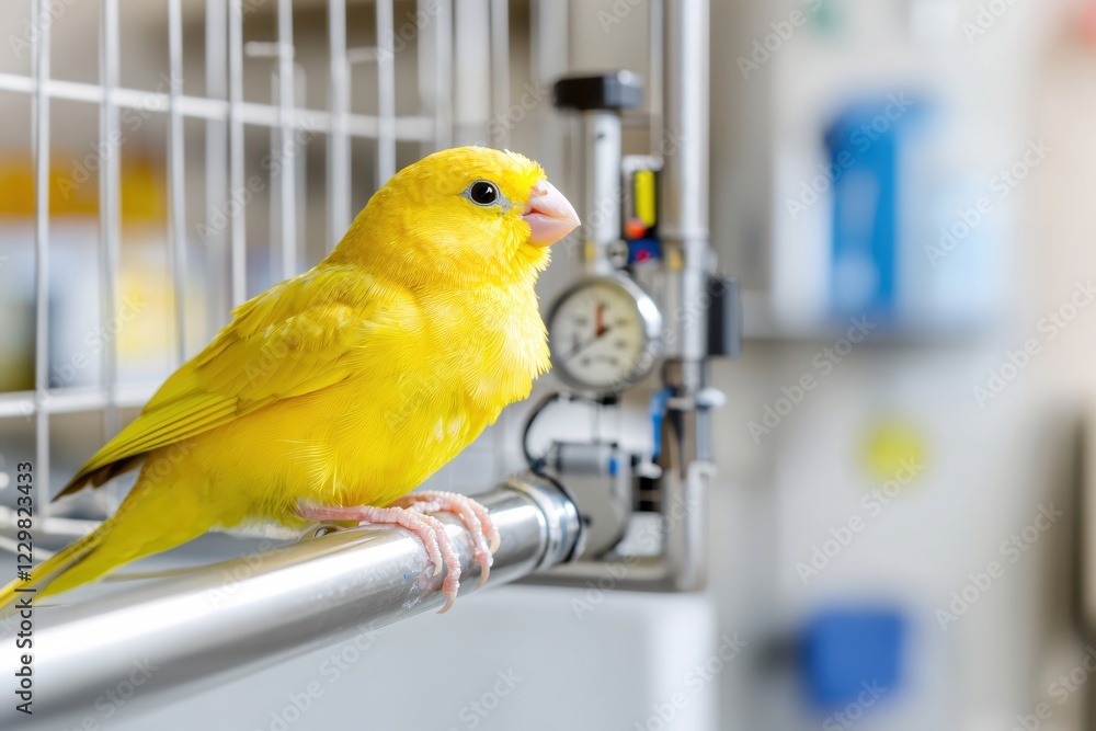 Obraz premium Bright yellow canary perched on metal bar inside a cage with blurred background equipment