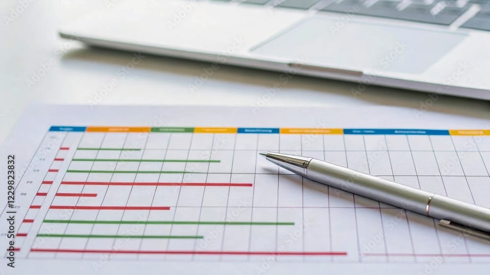 Detailed Financial Analysis Chart with Pen and Laptop on Office Desk Perspective Detailed Financial Analysis Chart with Pen and Laptop on Office Desk Perspective