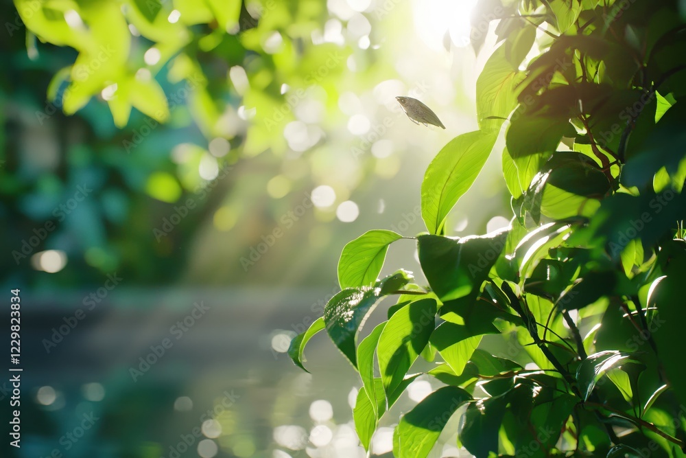 Obraz premium Bird flying through green leaves with bright sunlight in a natural environment