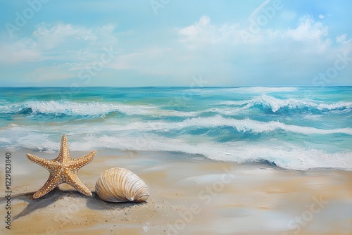 A beautiful painting shows a starfish and seashell on a beach photo